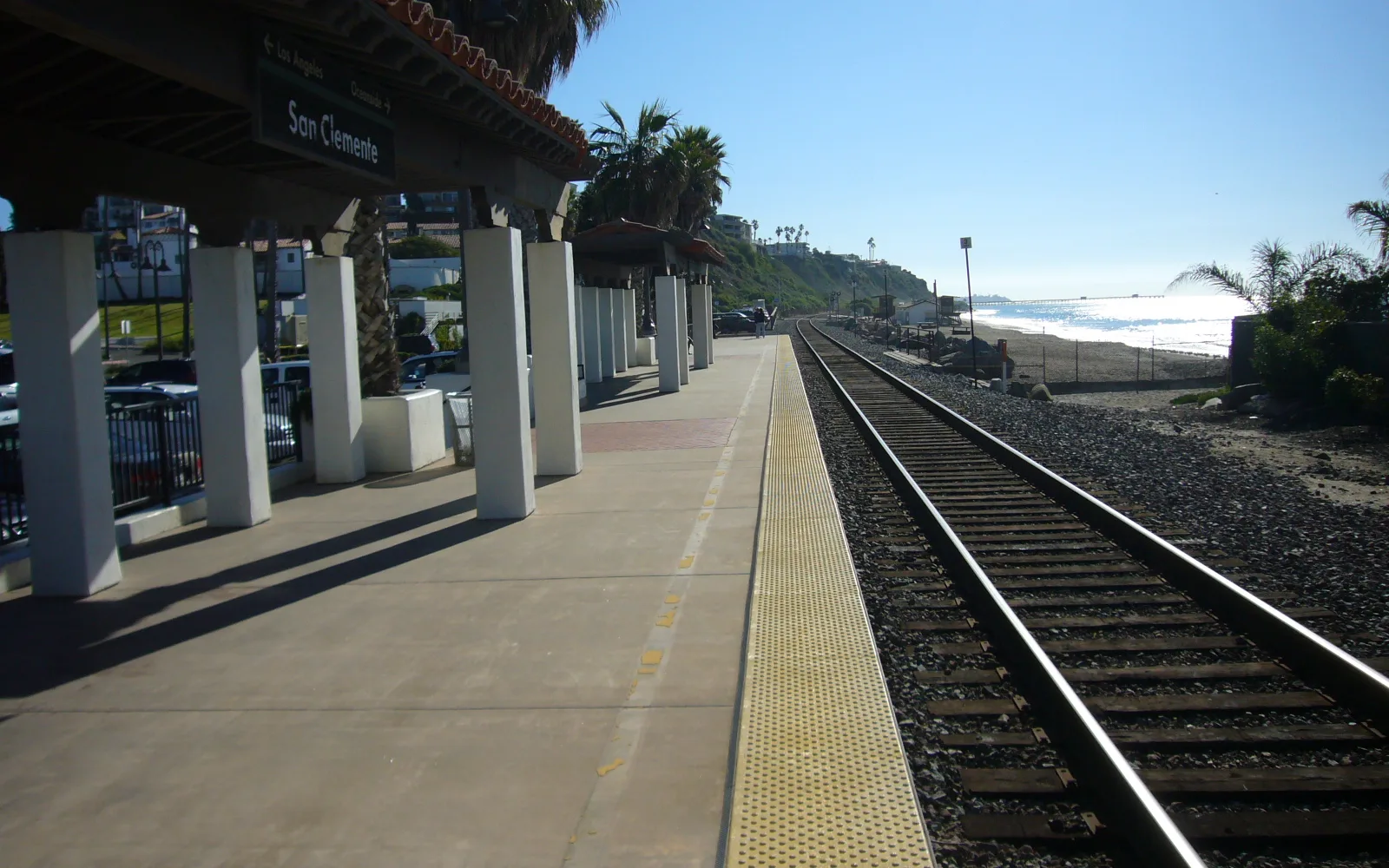 San Clemente train station with the historic pier in the distance